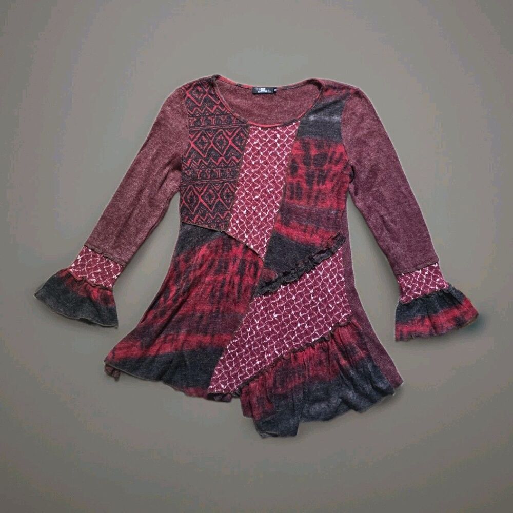 LV Collection Artsy Top Women Size Medium Burgundy Mixed Print Boho Asymmetrical
